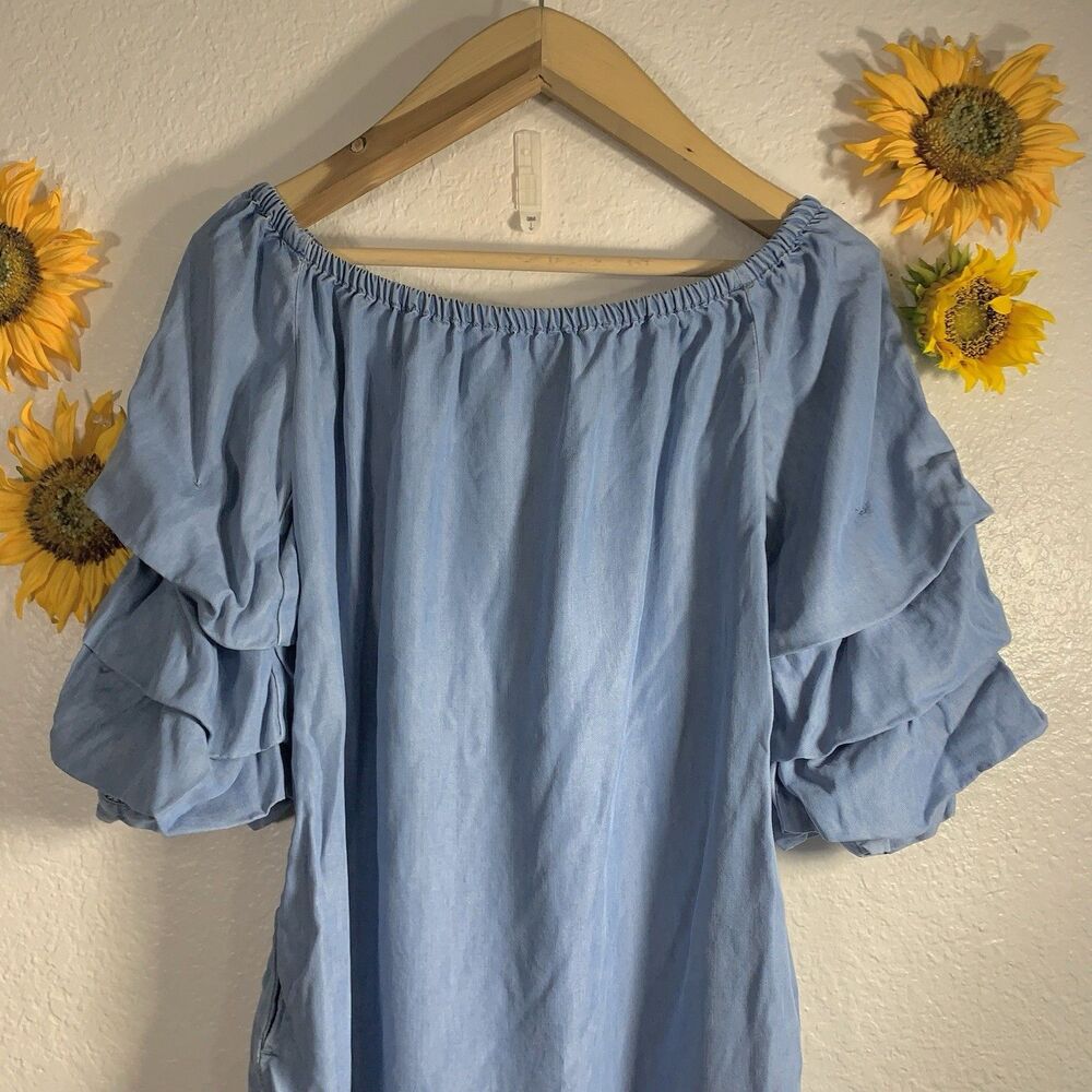 Zara Woman Blue Denim Ruffle Tiered Sleeve Short Off The Shoulder Dress Size XS - Picture 8 of 9